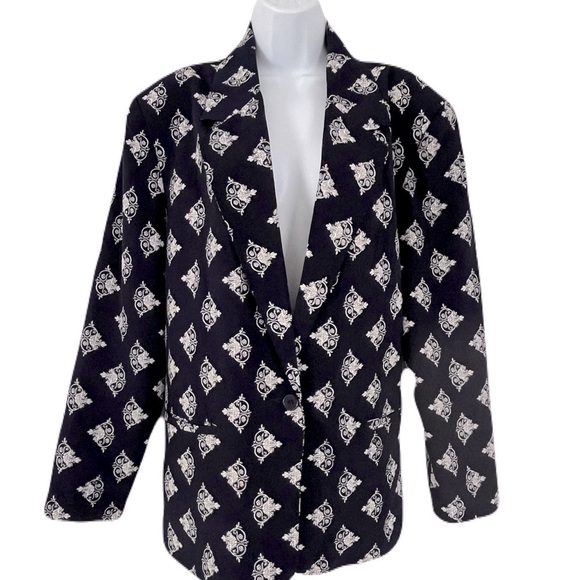Vintage 80’s EATON COLLECTABLES/ Blazer/ Damask print/ White & blue/ Size US 14 - Picture 2 of 12